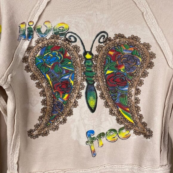 2B Free Zip Up Hoodie Juniors Butterfly Graphic Tan Size XS 90's Y2K - Picture 7 of 13